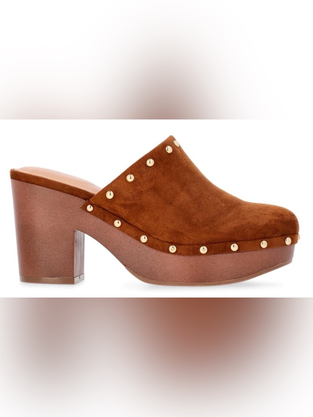 Time and Tru Women’s Faux Suede Studded Clogs with Block Heels - Picture 2 of 7